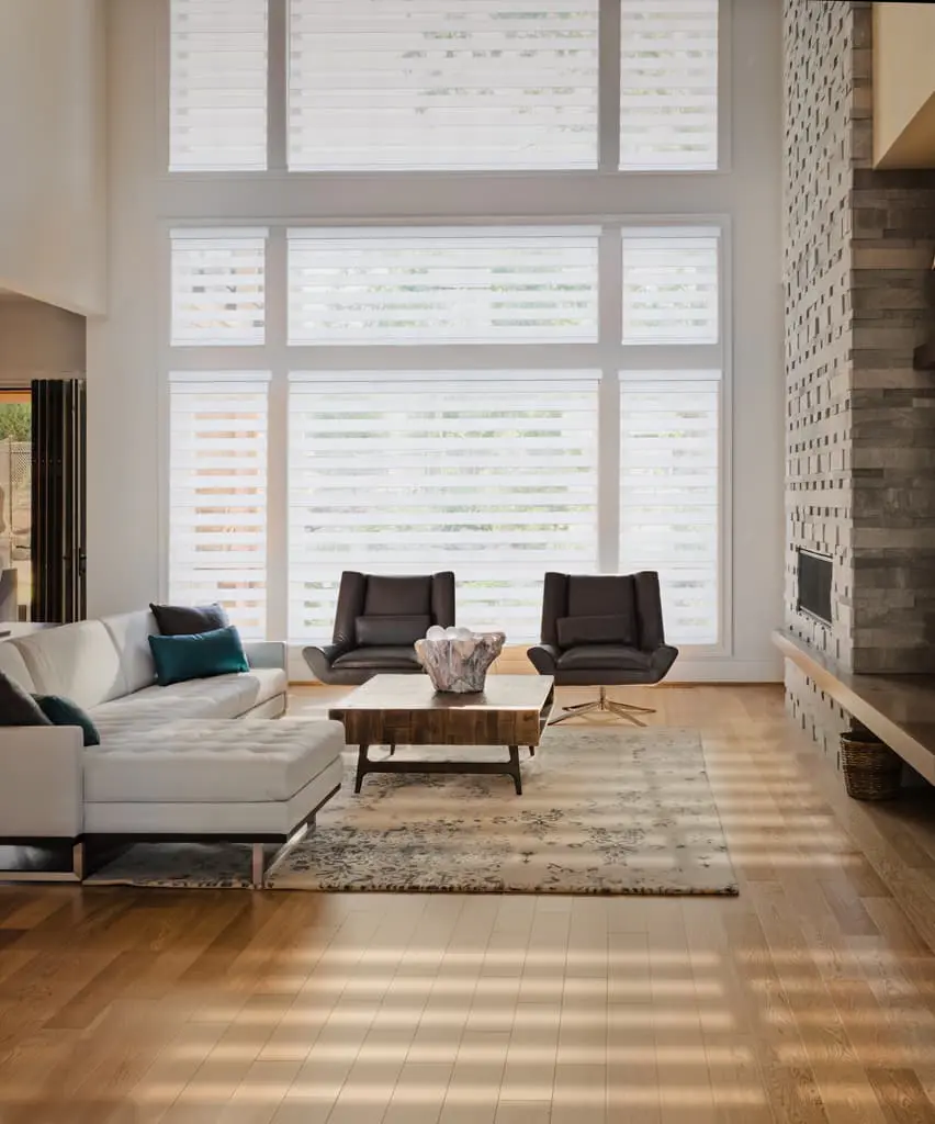 Duette Honeycomb shades on large living room windows