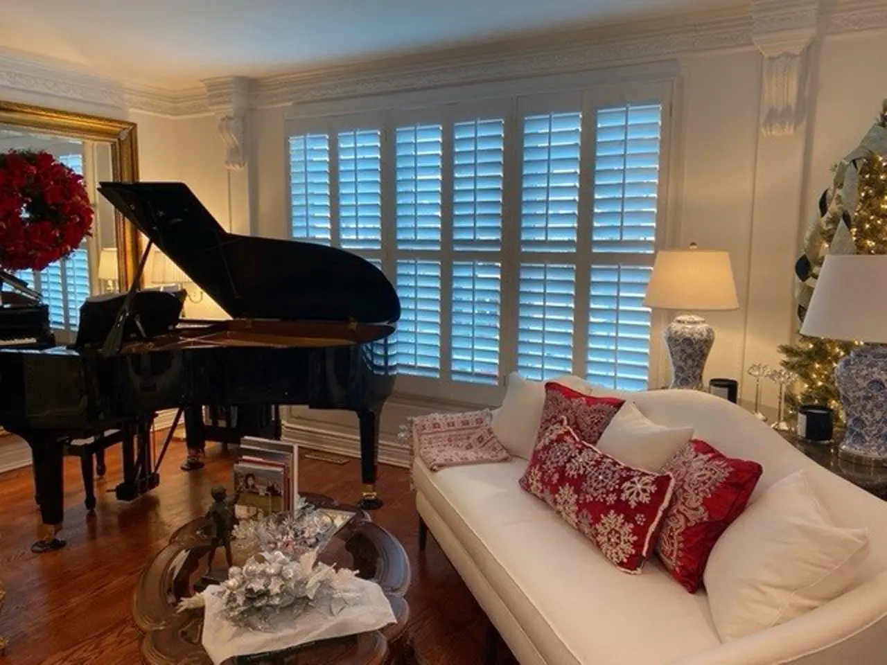 Living room with wood interior shutters