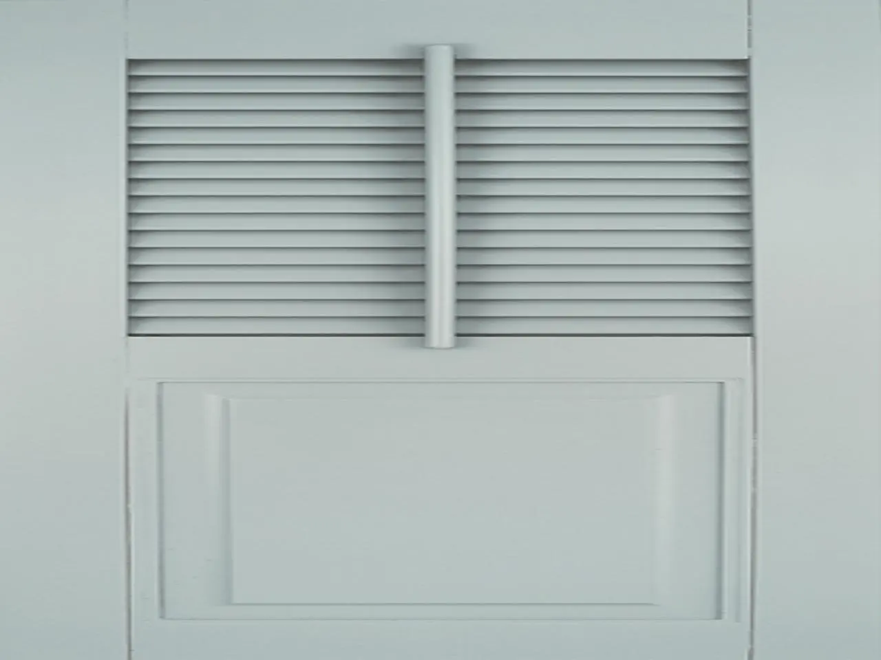 Light gray louvered and raised panel shutters