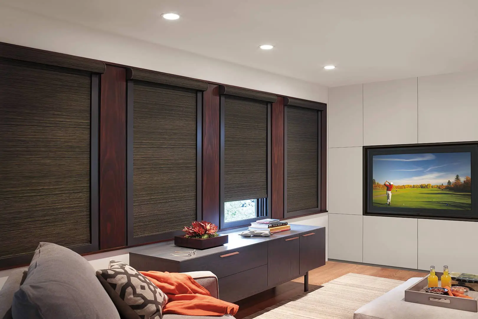 roller shades on 4 large windows in a modern living room