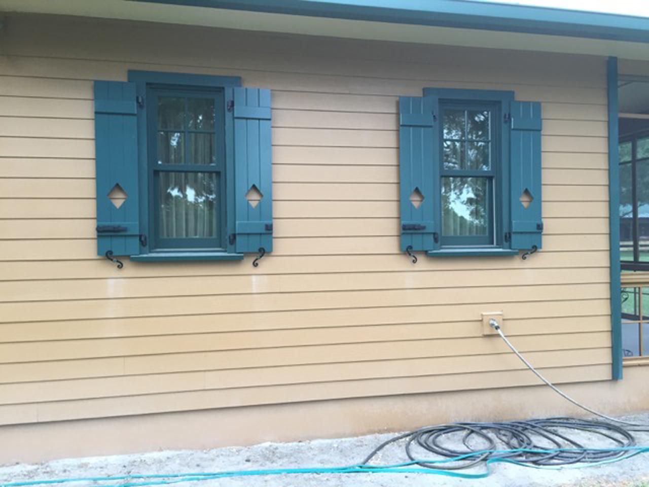 Operable board and batten shutters with hinges and shutter dogs