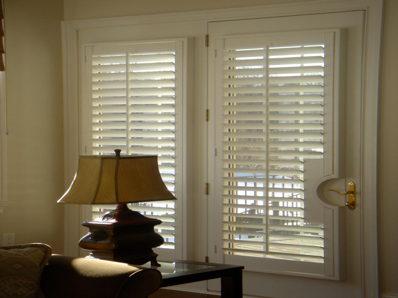 French door and window with plantation shutters