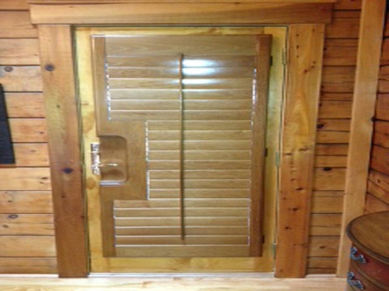 French door with stained plantation shutters