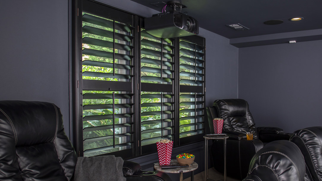 Black Heritage Shutters in Home Theater