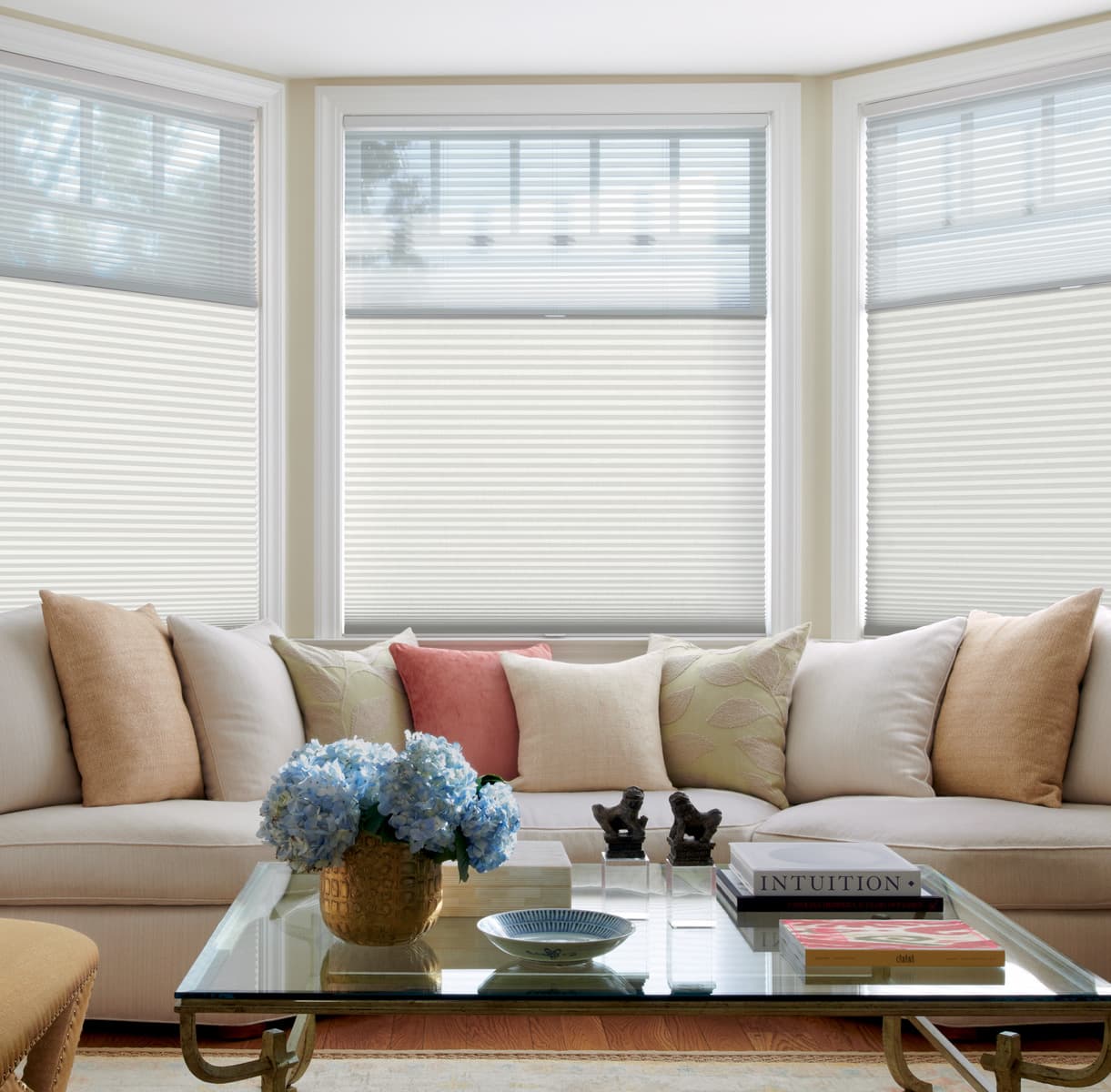 Duette Honeycomb Shades duolite batistebamboo whispersheer living room main Duette® Honeycomb Shades