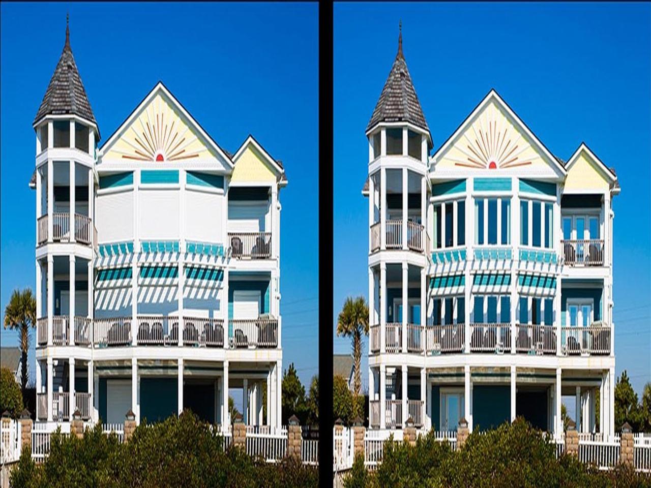 Photo with the same house with hurricane shutters raised and lowered