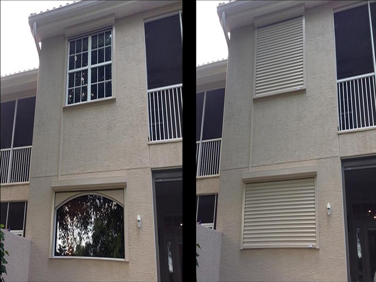 View of hurricane shutters raised and lower on the same home