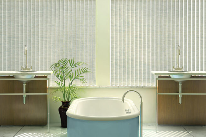 Everwood Alternative Wood Blinds cordlock patina dining room Hunter Douglas Cadence Blinds