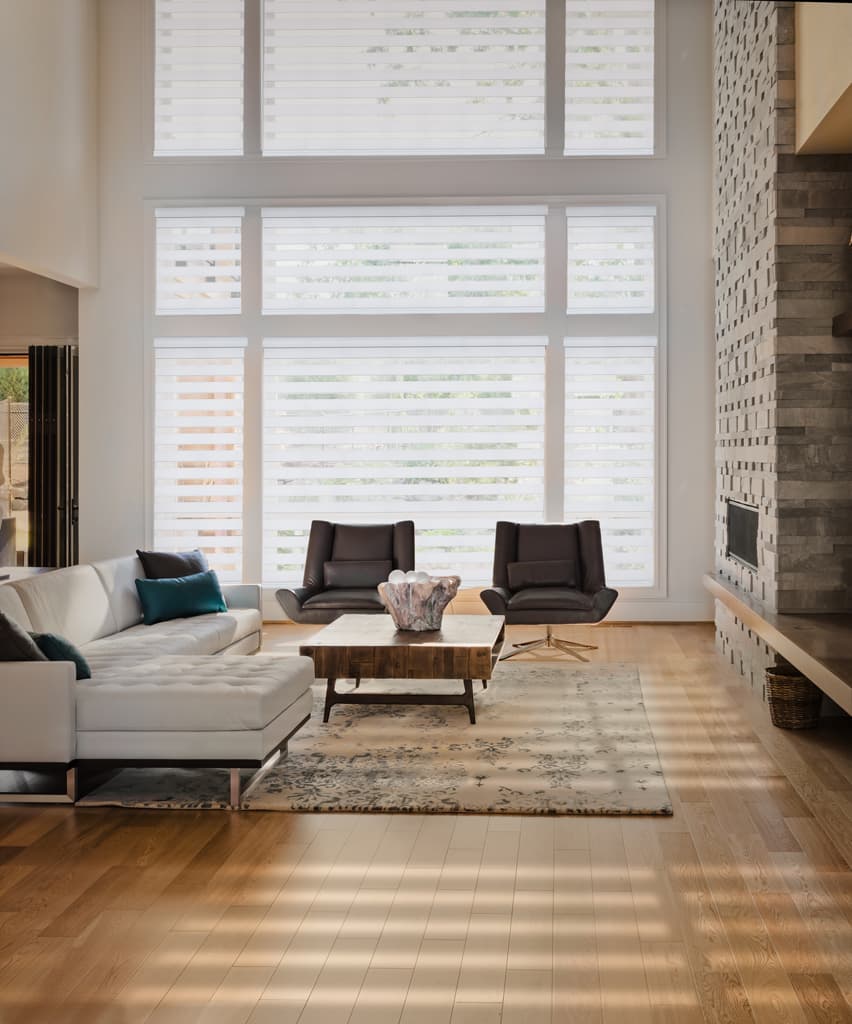 Duette Honeycomb shades on large living room windows