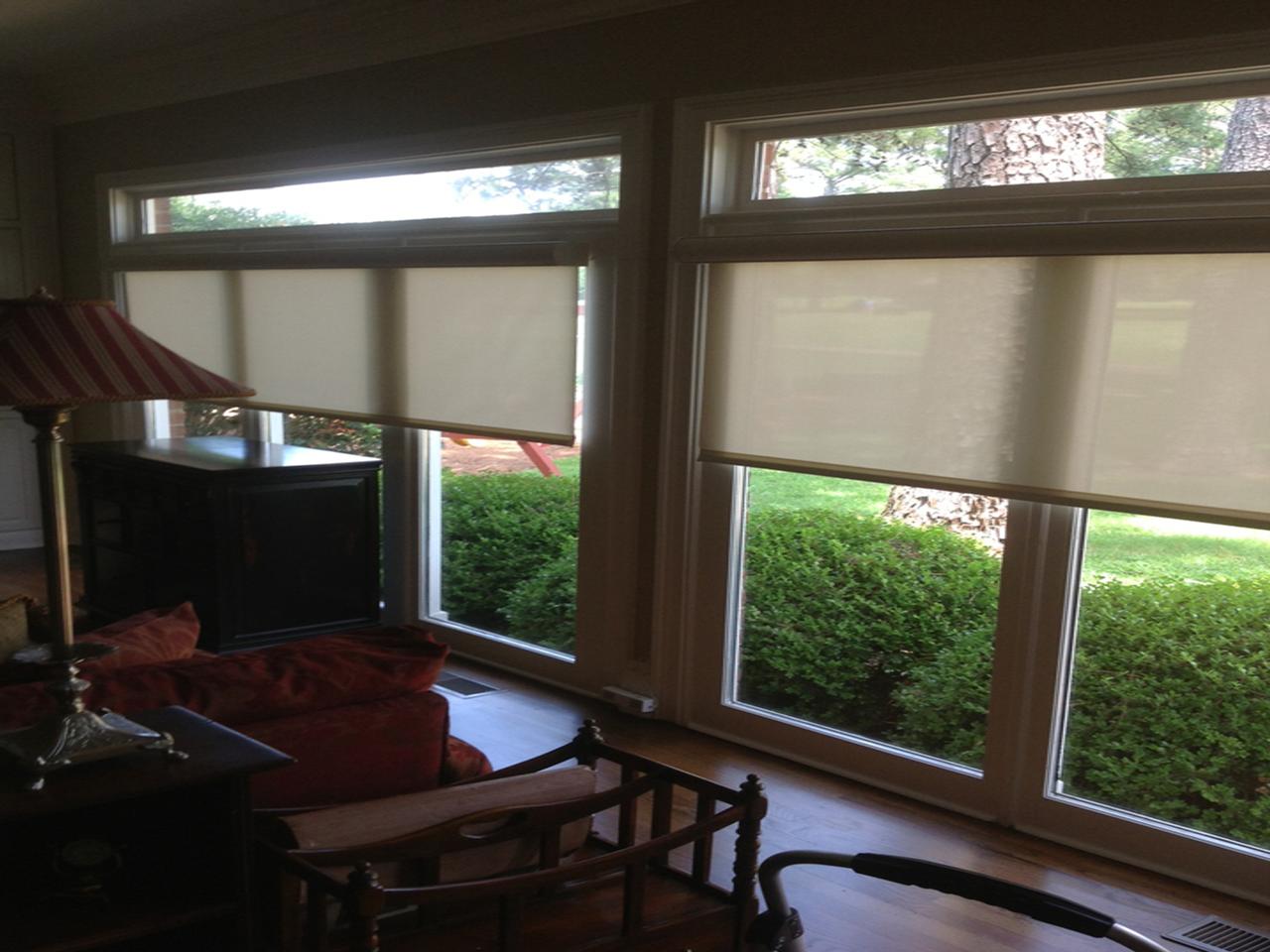 Designer screen shades in living room