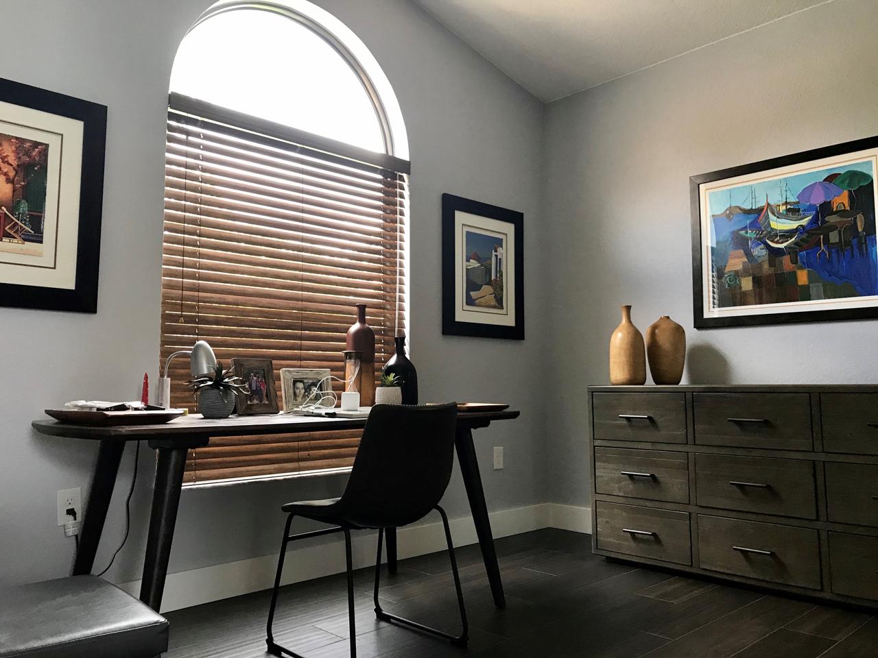 Wood blinds in home office