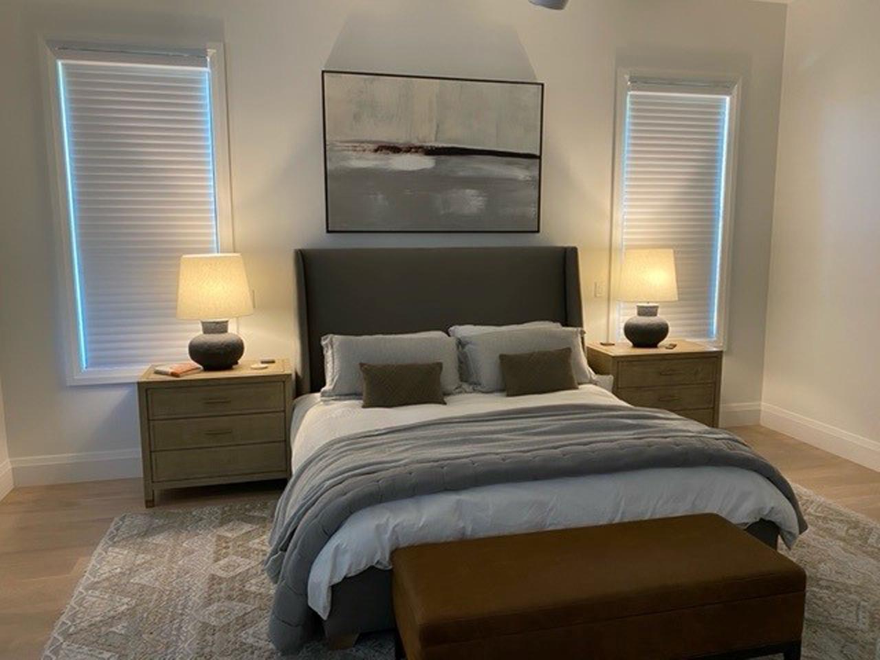 Faux wood blinds in a bedroom