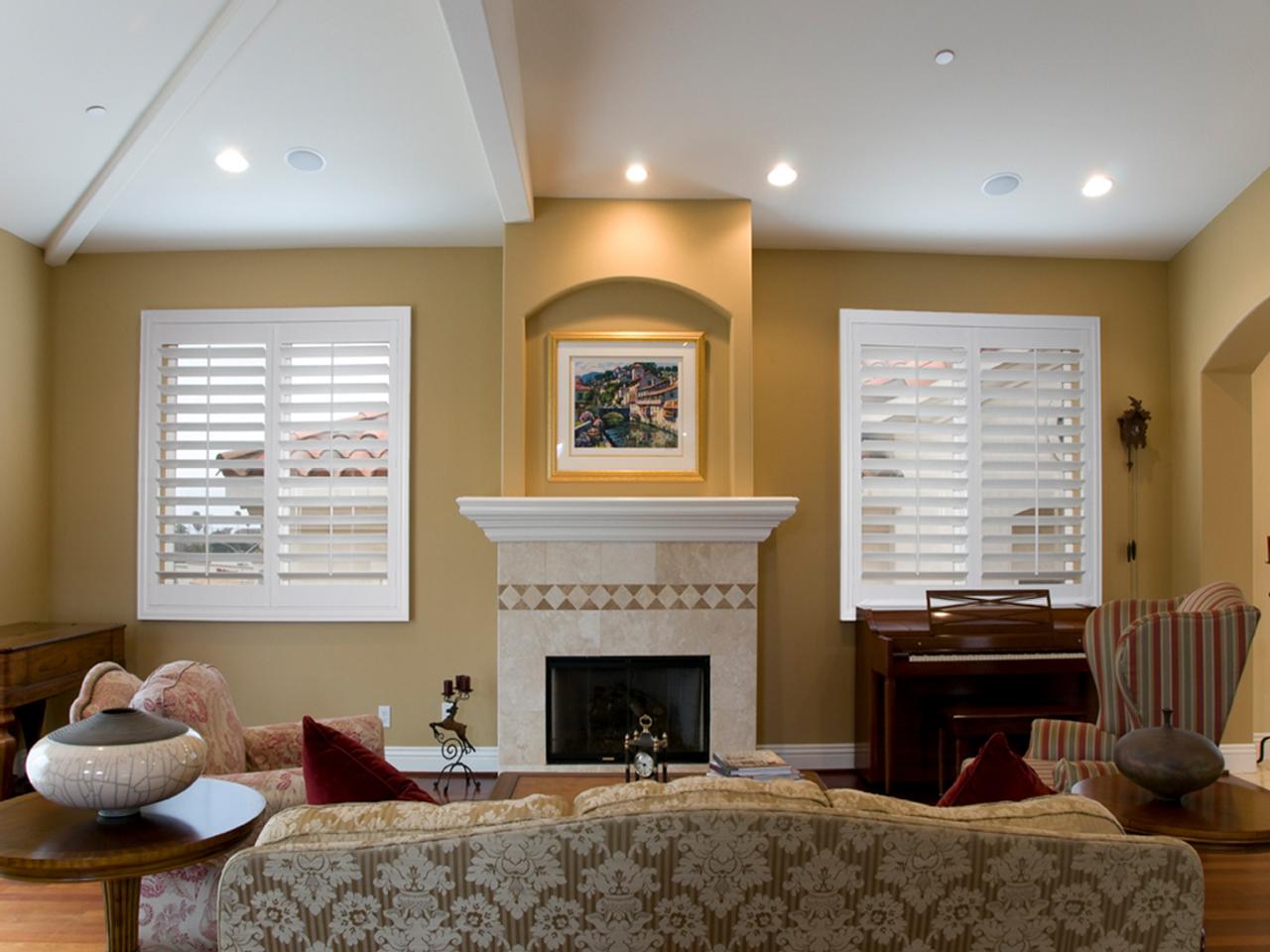 Interior shutters with louvers open in living room