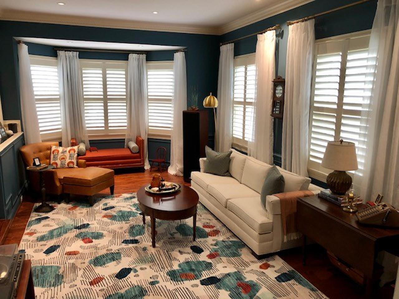 Louverwood shutters on bay window in living room