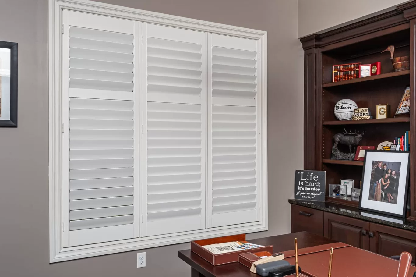 home office with hardwood plantation shutters