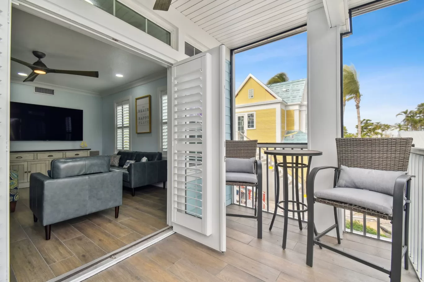 view looking in of LouverWood Shutters on French doors