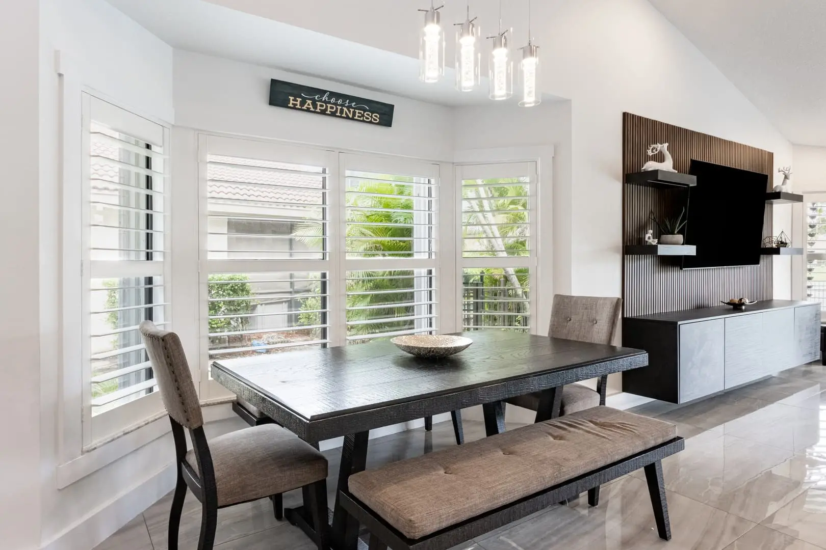 plantation shutters on large bay windows