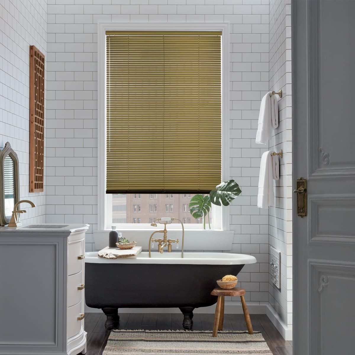 Everwood Alternative Wood Blinds cordlock patina dining room Everwood Faux Wood Blinds