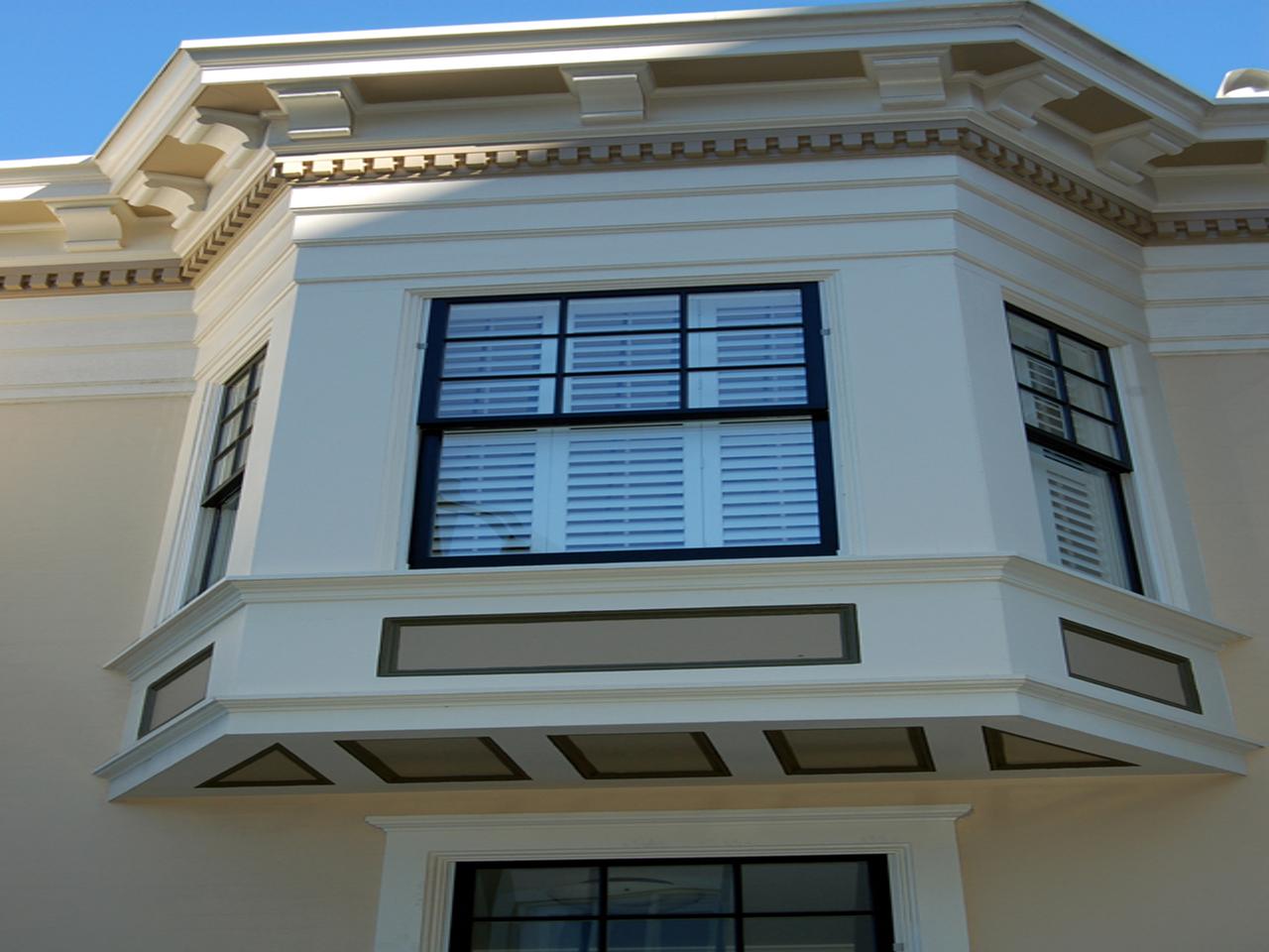 Outside view of plantation shutters on a bay window
