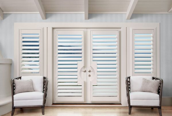 Palm Beach Polysatin Shutters frenchdoor dividerrail livingroom closed Palm Beach Polysatin Shutters