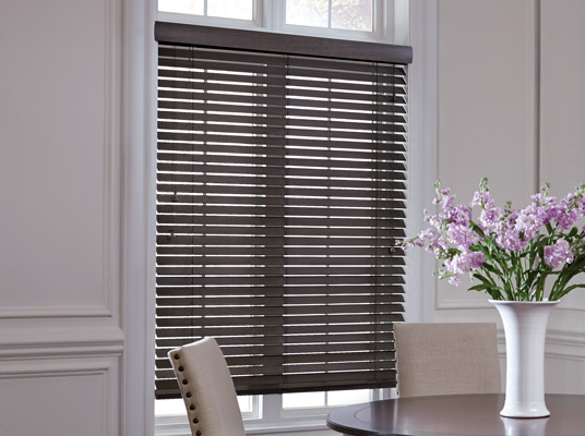 Wood blinds in a dining room