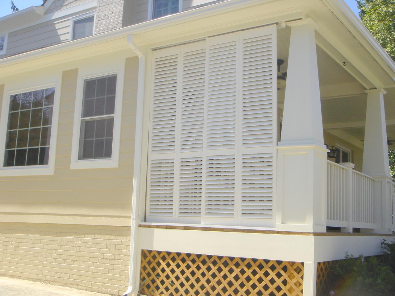 Outside view of porch with Louverwood shutters