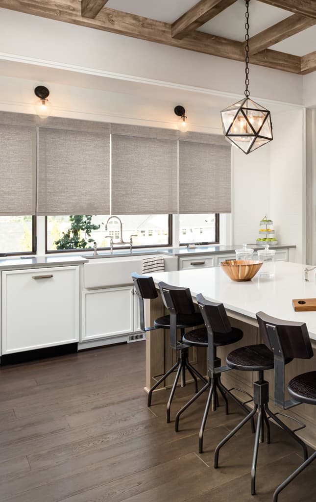 natural woven wood shades in a kitchen