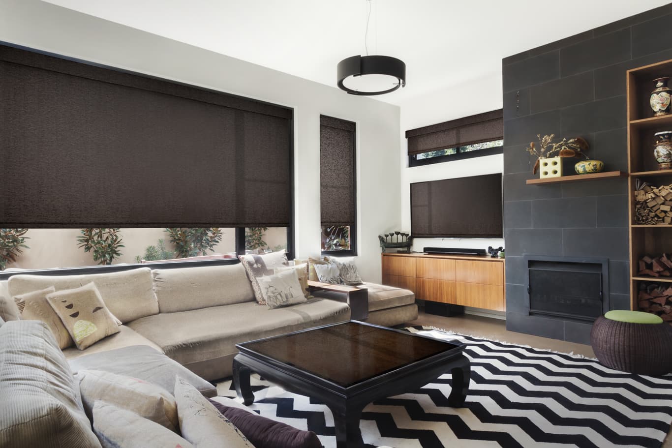 dark roller shades in a modern living room