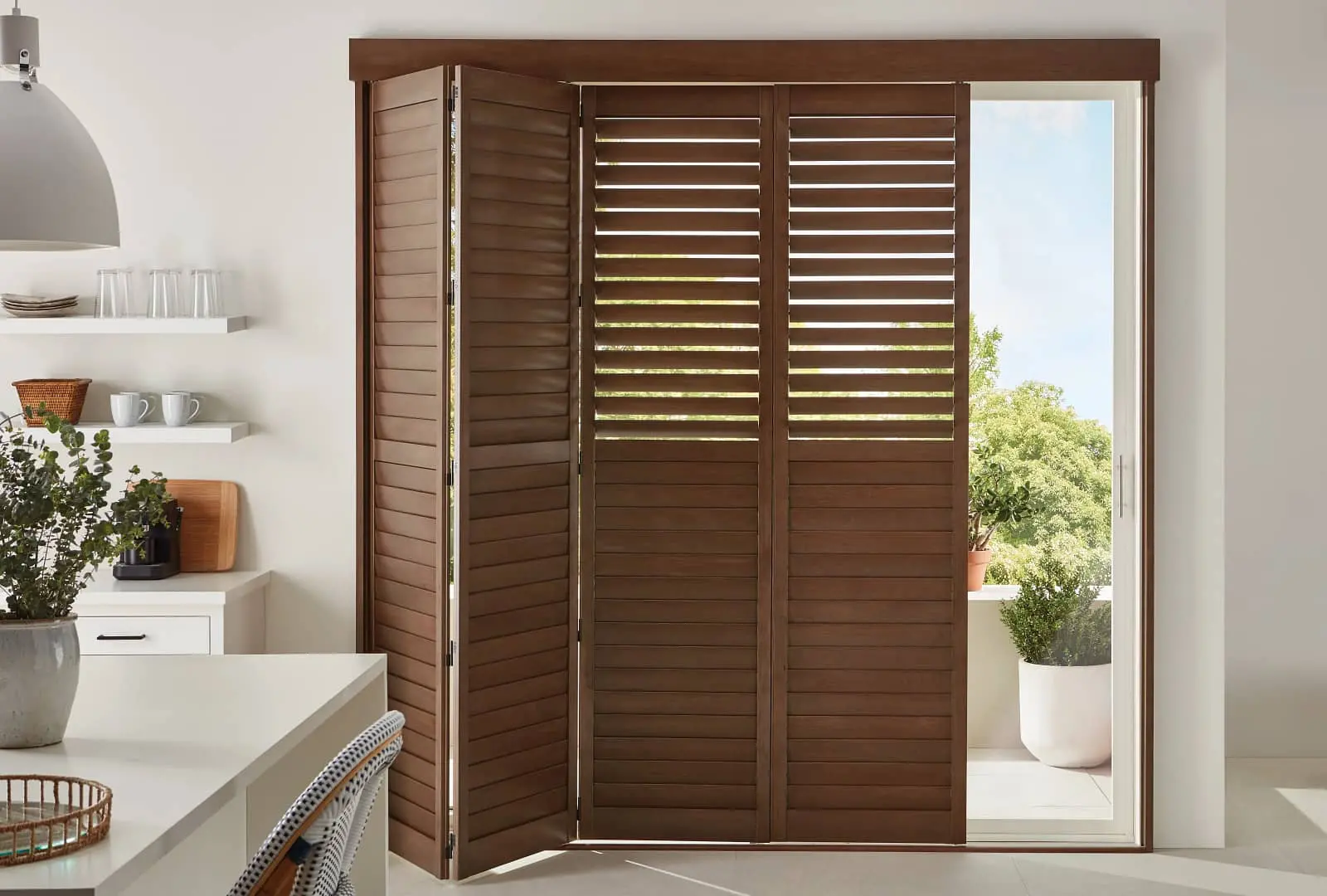 Wood shutters on sliding glass doors