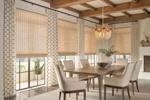 dining room with Provenance Woven Wood Shades