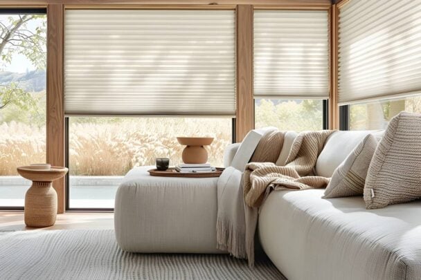 honeycomb shades on 3 large windows in a sitting room