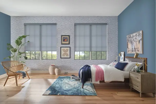 automated shades in a large open bedroom