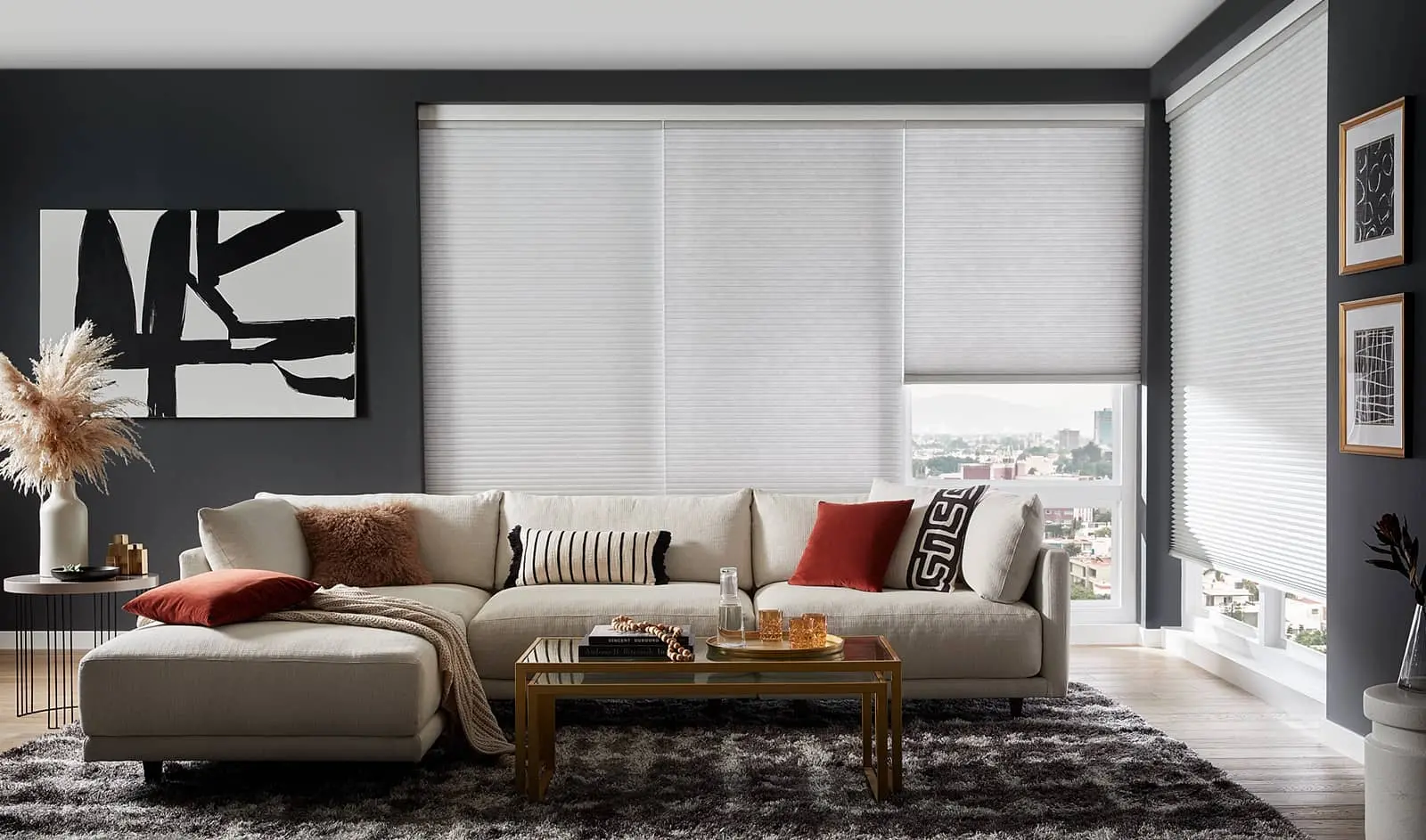 modern living room with cellular shades