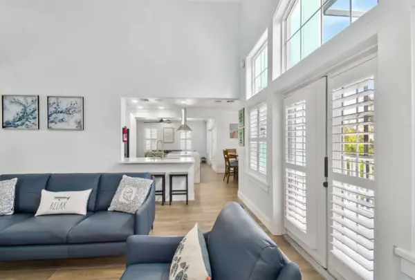 plantation shutters in living room, kitchen and dining room