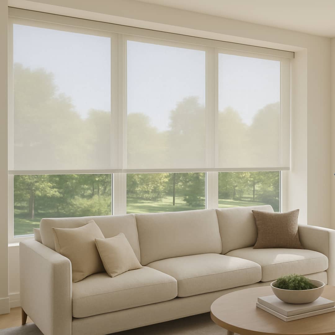 sheer roller shades covering a large window